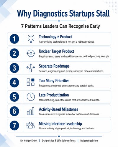 Infographic: Why Diagnostics Startups Stall – 7 patterns leaders can recognise early: 1 Technology ≠ Product, 2 Unclear Target Product, 3 Separate Roadmaps, 4 Too Many Priorities, 5 Late Productization, 6 Activity-Based Milestones, 7 Missing Interface Leadership.